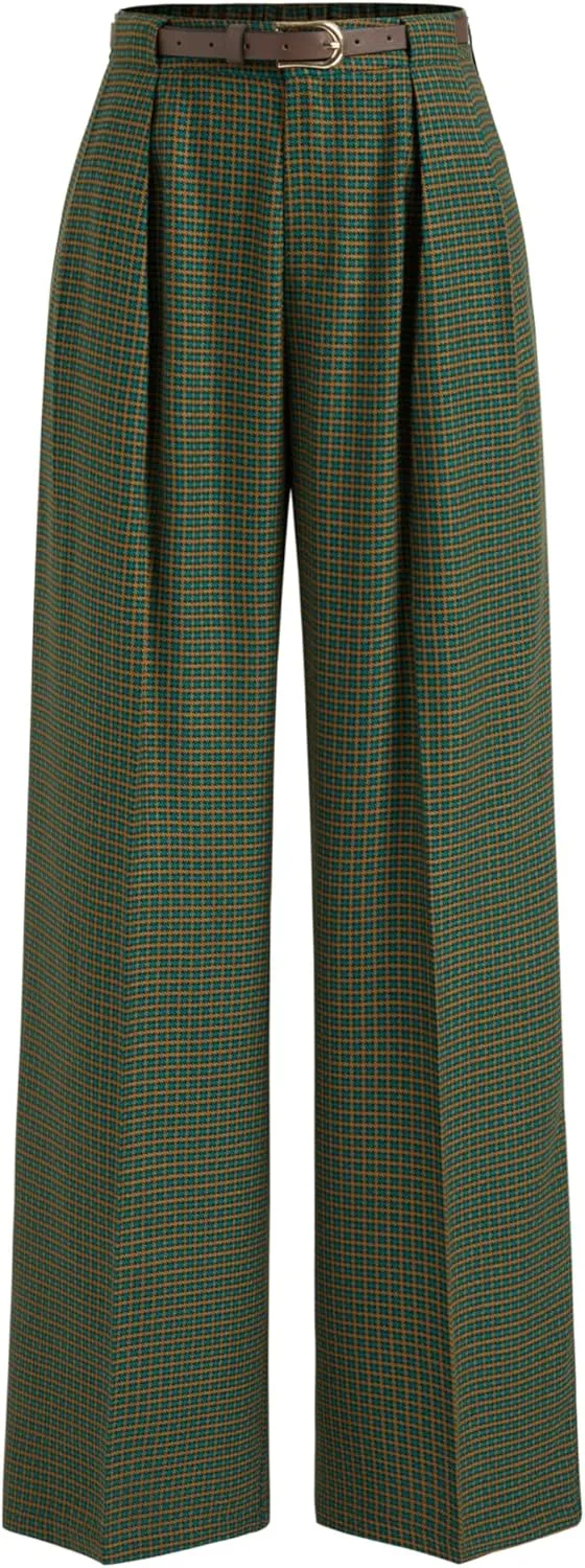 CIDER Mid Rise Houndstooth Belted Straight Leg Trousers