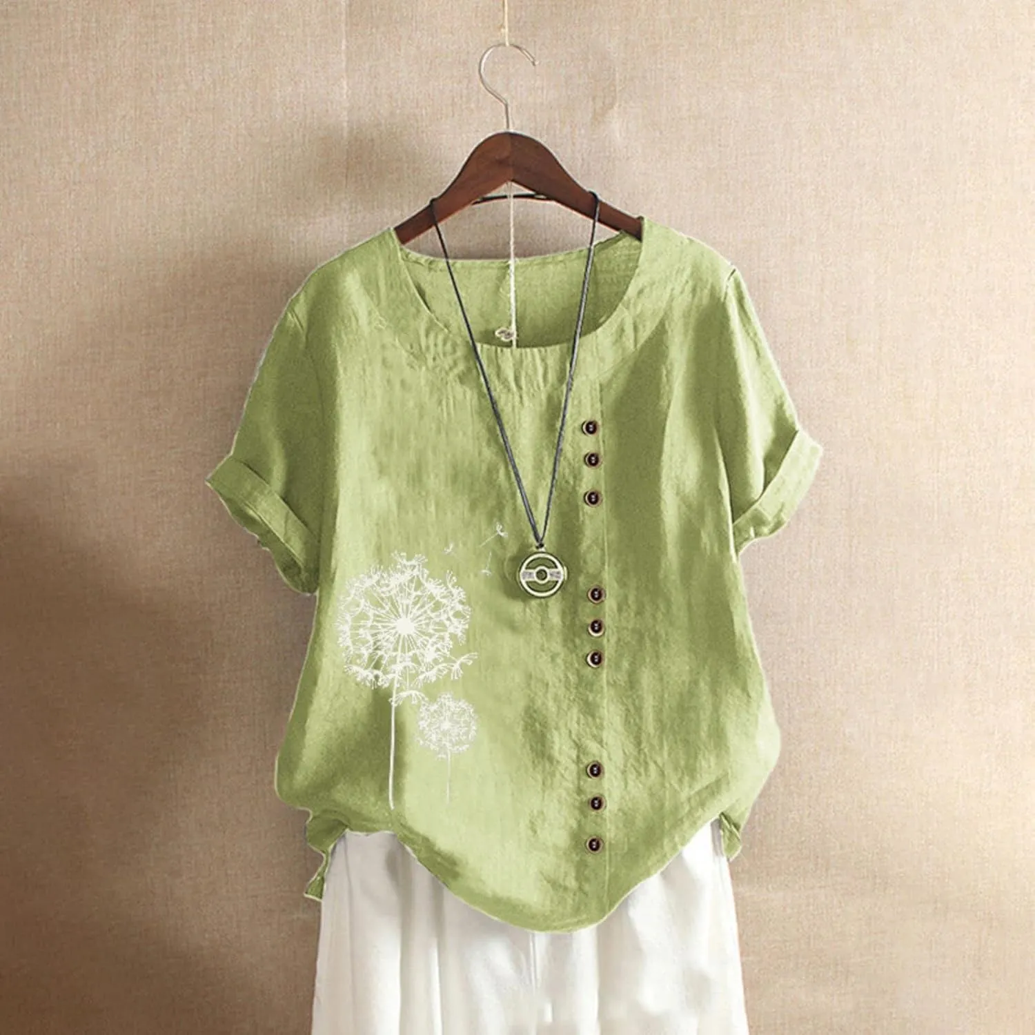 Cotton Linen Tops for Women Loose Comfy Floral Graphic Tees Casual Short Sleeve Round Neck T Shirt Button Down Shirts