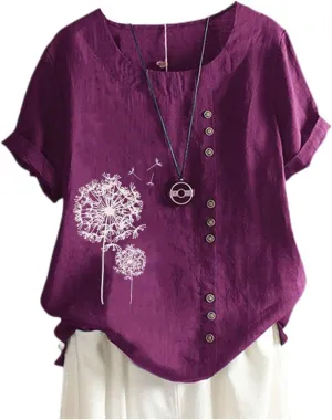 Cotton Linen Tops for Women Loose Comfy Floral Graphic Tees Casual Short Sleeve Round Neck T Shirt Button Down Shirts