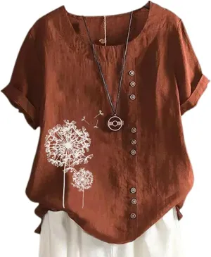 Cotton Linen Tops for Women Loose Comfy Floral Graphic Tees Casual Short Sleeve Round Neck T Shirt Button Down Shirts