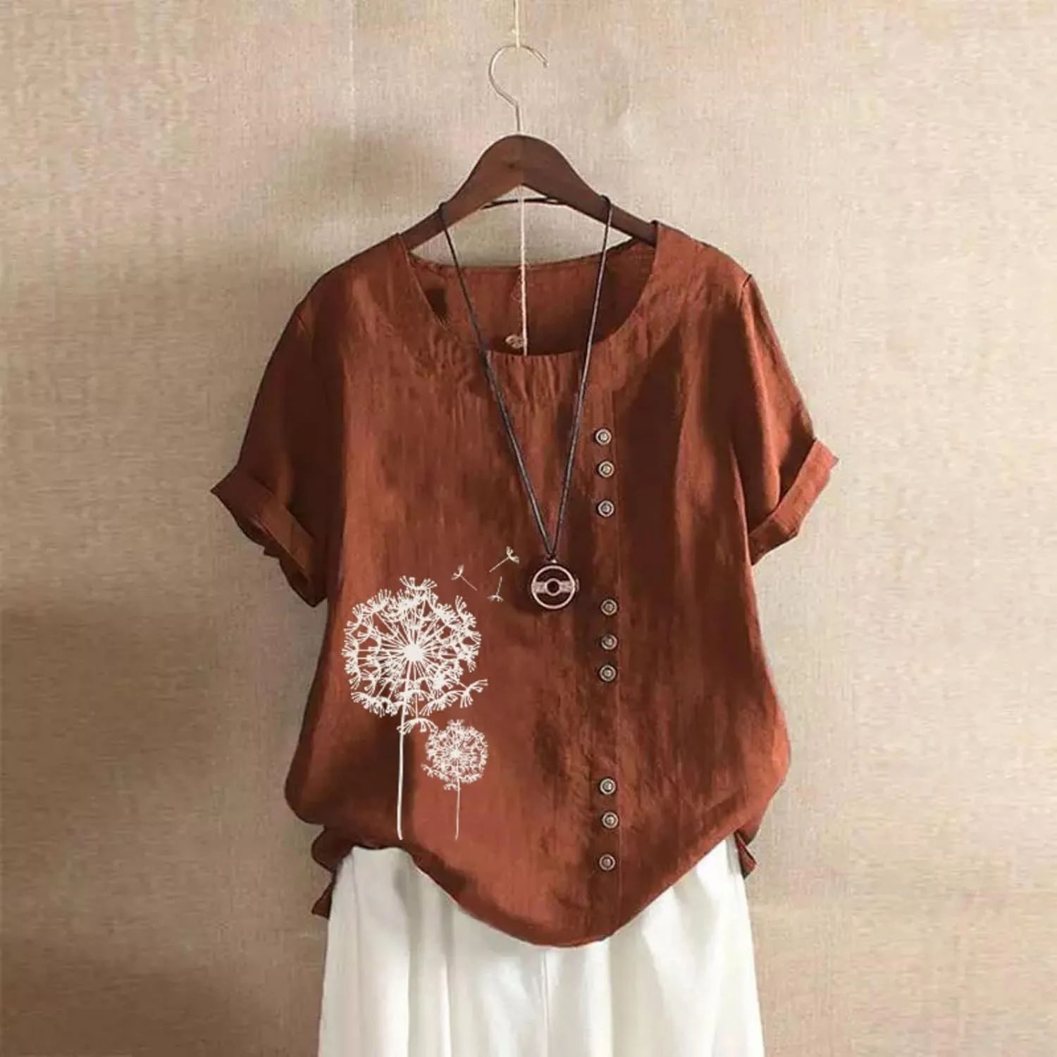 Cotton Linen Tops for Women Loose Comfy Floral Graphic Tees Casual Short Sleeve Round Neck T Shirt Button Down Shirts
