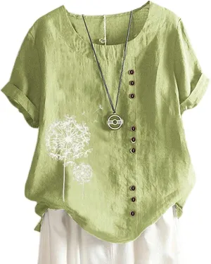 Cotton Linen Tops for Women Loose Comfy Floral Graphic Tees Casual Short Sleeve Round Neck T Shirt Button Down Shirts