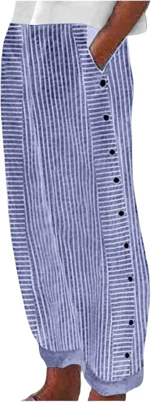 Cropped Pants for Women Striped Side Button Elastic Waist Trendy Pants Wide Leg Capris Pant Comfy Trousers with Pocket