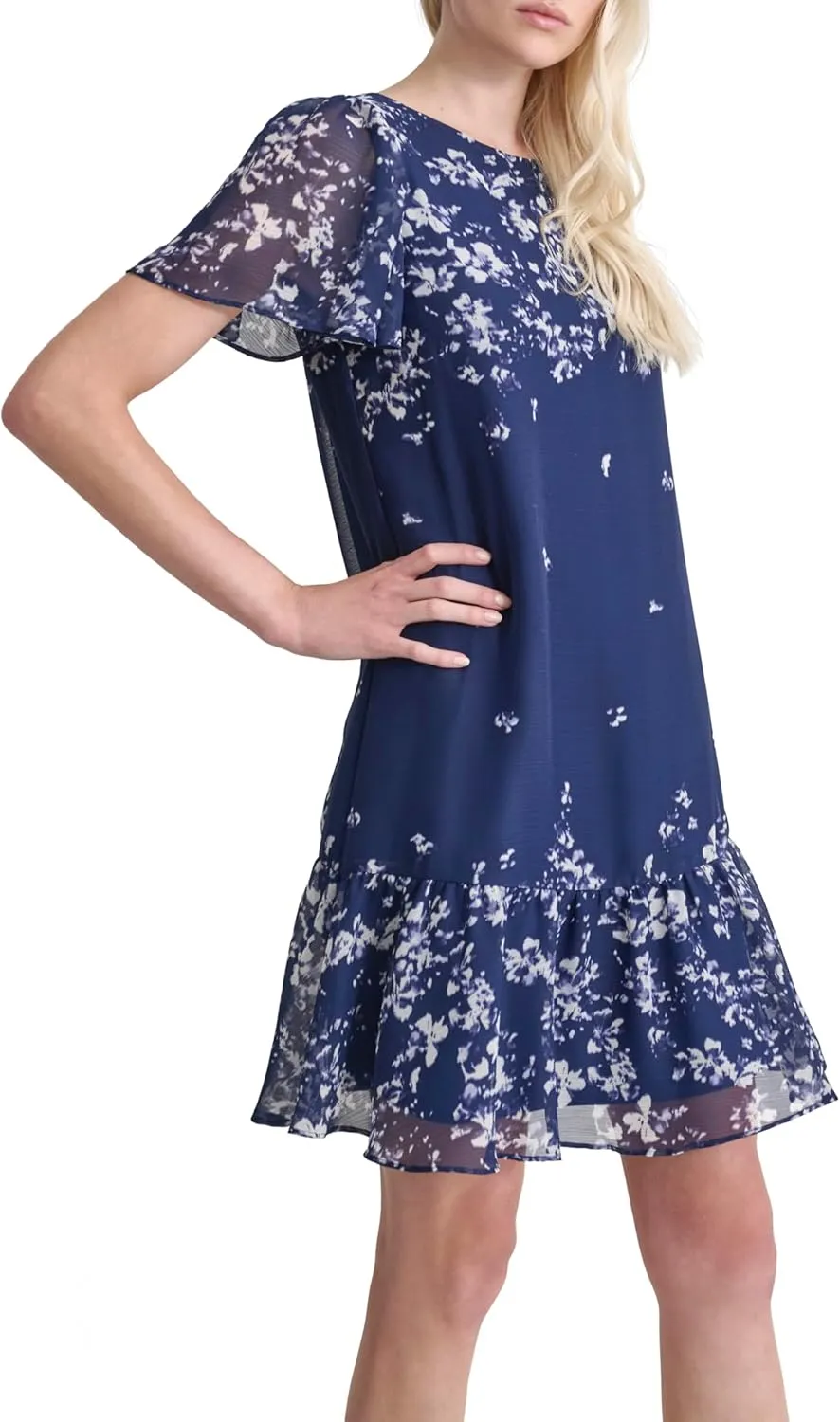 DKNY Women's Flutter Sleeve Ruffle Hem Shift Mini Dress
