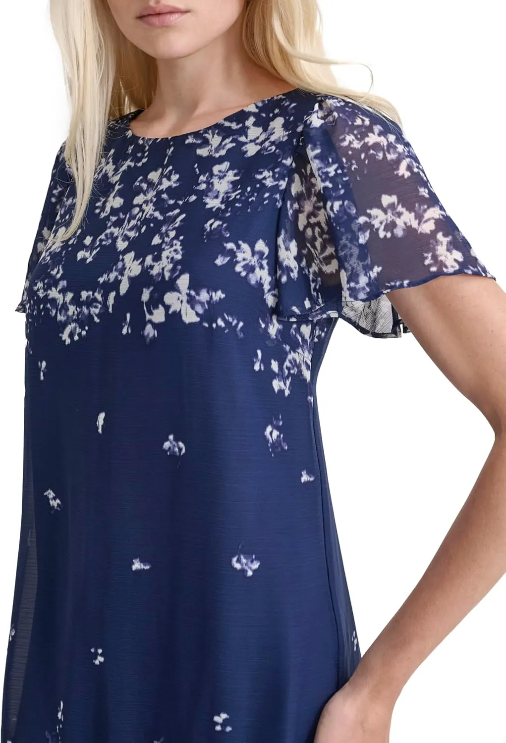DKNY Women's Flutter Sleeve Ruffle Hem Shift Mini Dress