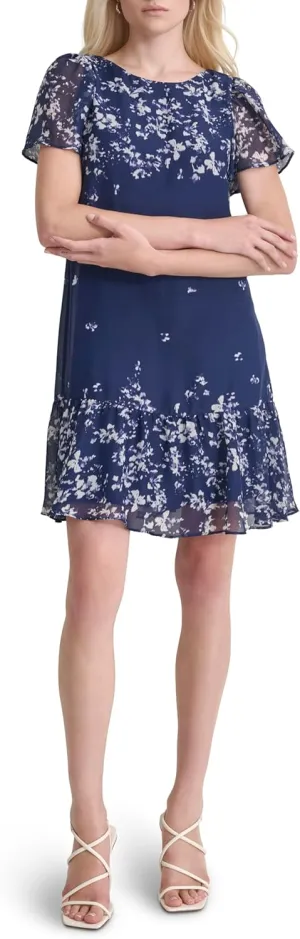 DKNY Women's Flutter Sleeve Ruffle Hem Shift Mini Dress