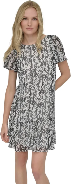DKNY Women's Flutter Sleeve Ruffle Hem Shift Mini Dress