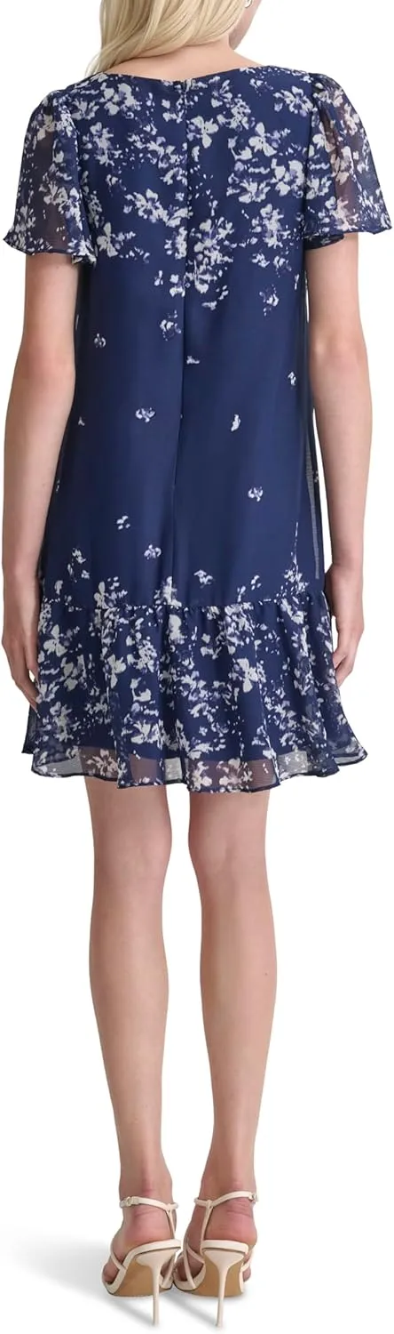 DKNY Women's Flutter Sleeve Ruffle Hem Shift Mini Dress