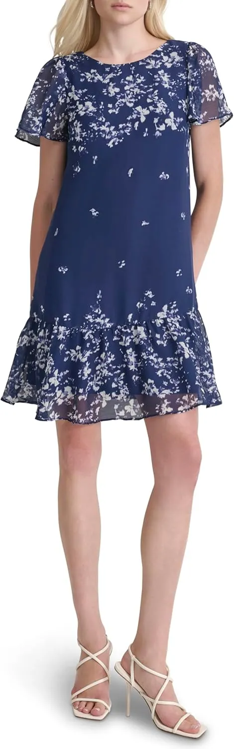 DKNY Women's Flutter Sleeve Ruffle Hem Shift Mini Dress