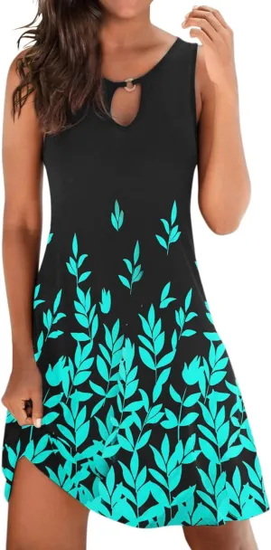 Dresses for Women 2024 Casual Short Sundress Printed Crewneck Sleeveless Tank Dress A Line Sun Dress Summer Dresses