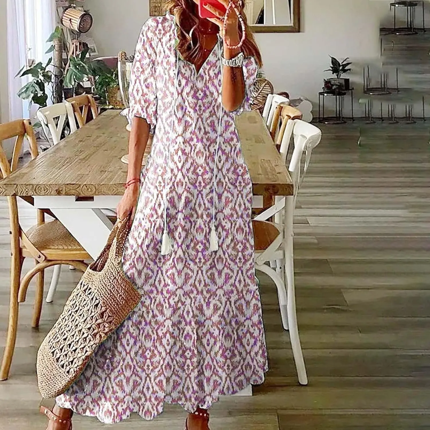 Dresses for Women 2025 Loose Floral Half Sleeve V Neck Maxi Dress Drawstring Long Flowy Dress Flowy Boho Beach Dresses