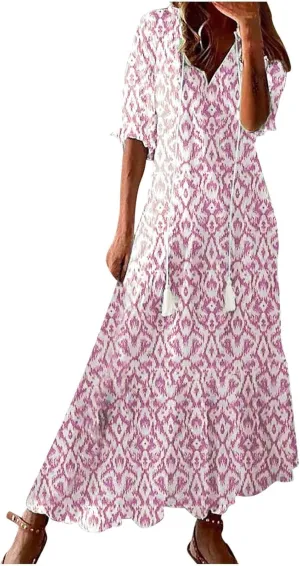 Dresses for Women 2025 Loose Floral Half Sleeve V Neck Maxi Dress Drawstring Long Flowy Dress Flowy Boho Beach Dresses