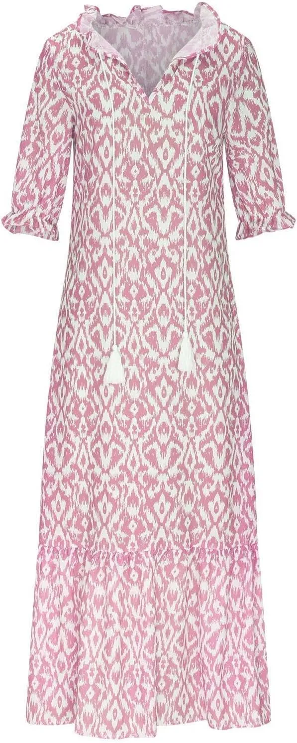 Dresses for Women 2025 Loose Floral Half Sleeve V Neck Maxi Dress Drawstring Long Flowy Dress Flowy Boho Beach Dresses