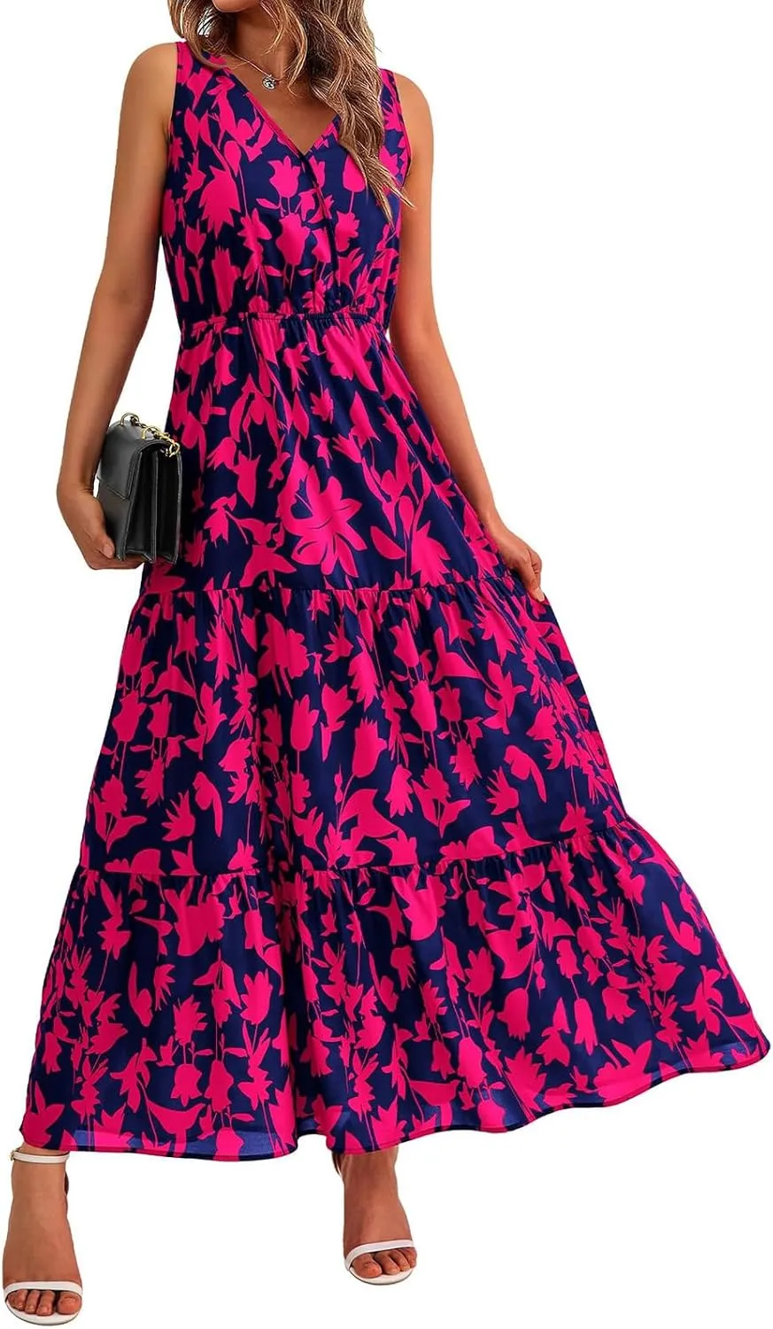 Dresses for Women Trendy Boho Floral V Neck Long Sundress Casual Sleeveless Maxi Dresses High Waist Wedding Guest Dress