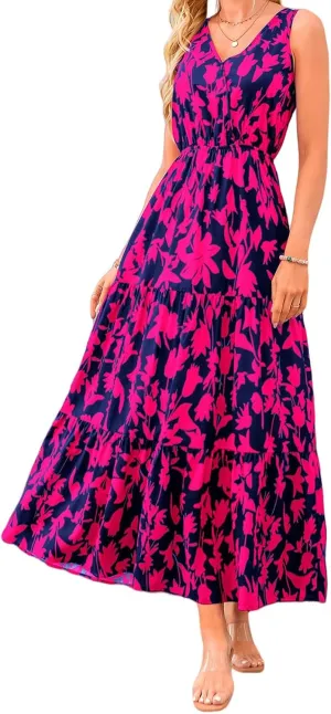 Dresses for Women Trendy Boho Floral V Neck Long Sundress Casual Sleeveless Maxi Dresses High Waist Wedding Guest Dress