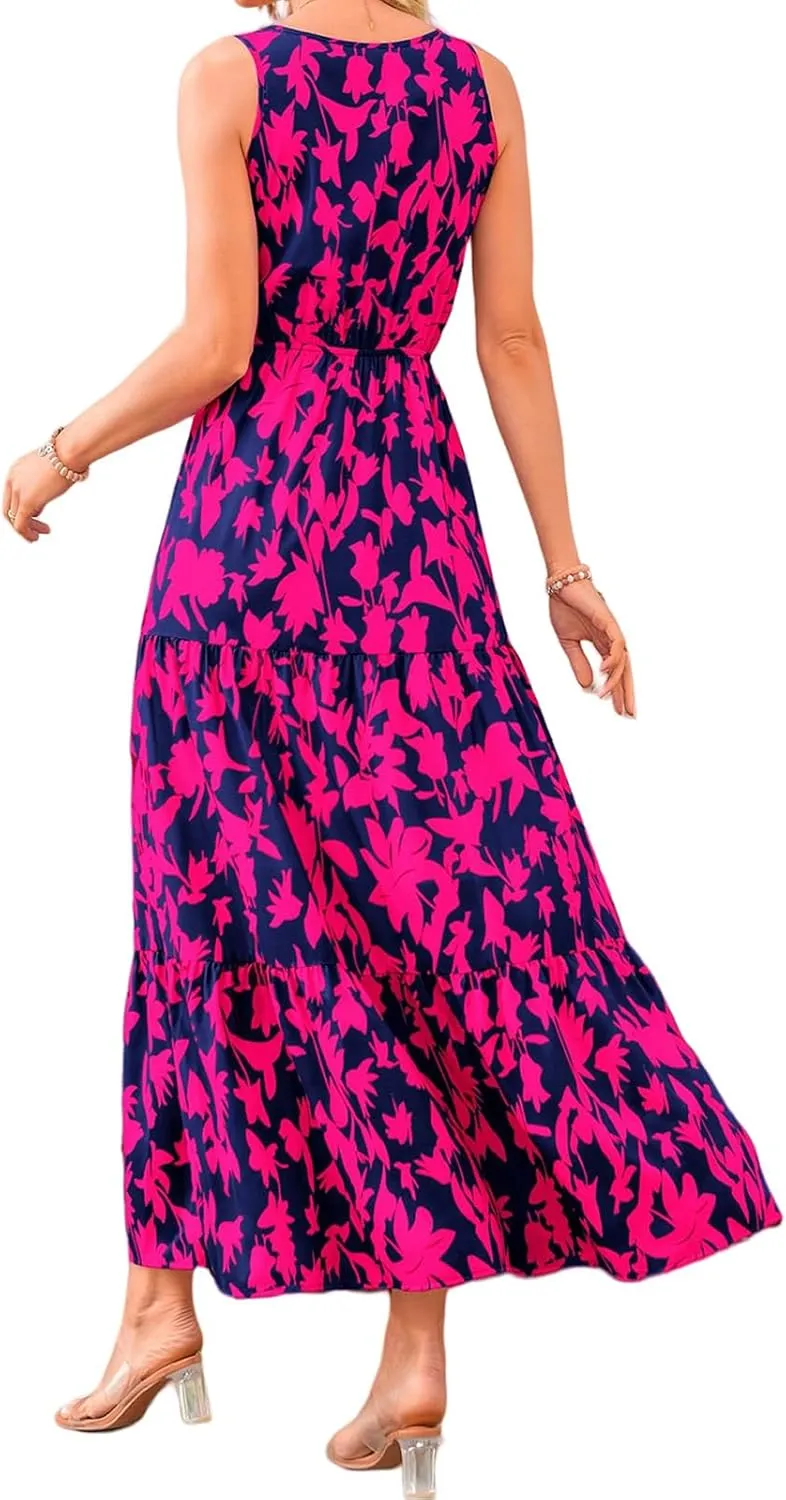 Dresses for Women Trendy Boho Floral V Neck Long Sundress Casual Sleeveless Maxi Dresses High Waist Wedding Guest Dress