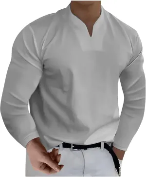 DuDubaby Mens Slim Fit T Shirts Casual Solid Color V-Neck Gentleman's Business Long Sleeve T-Shirt