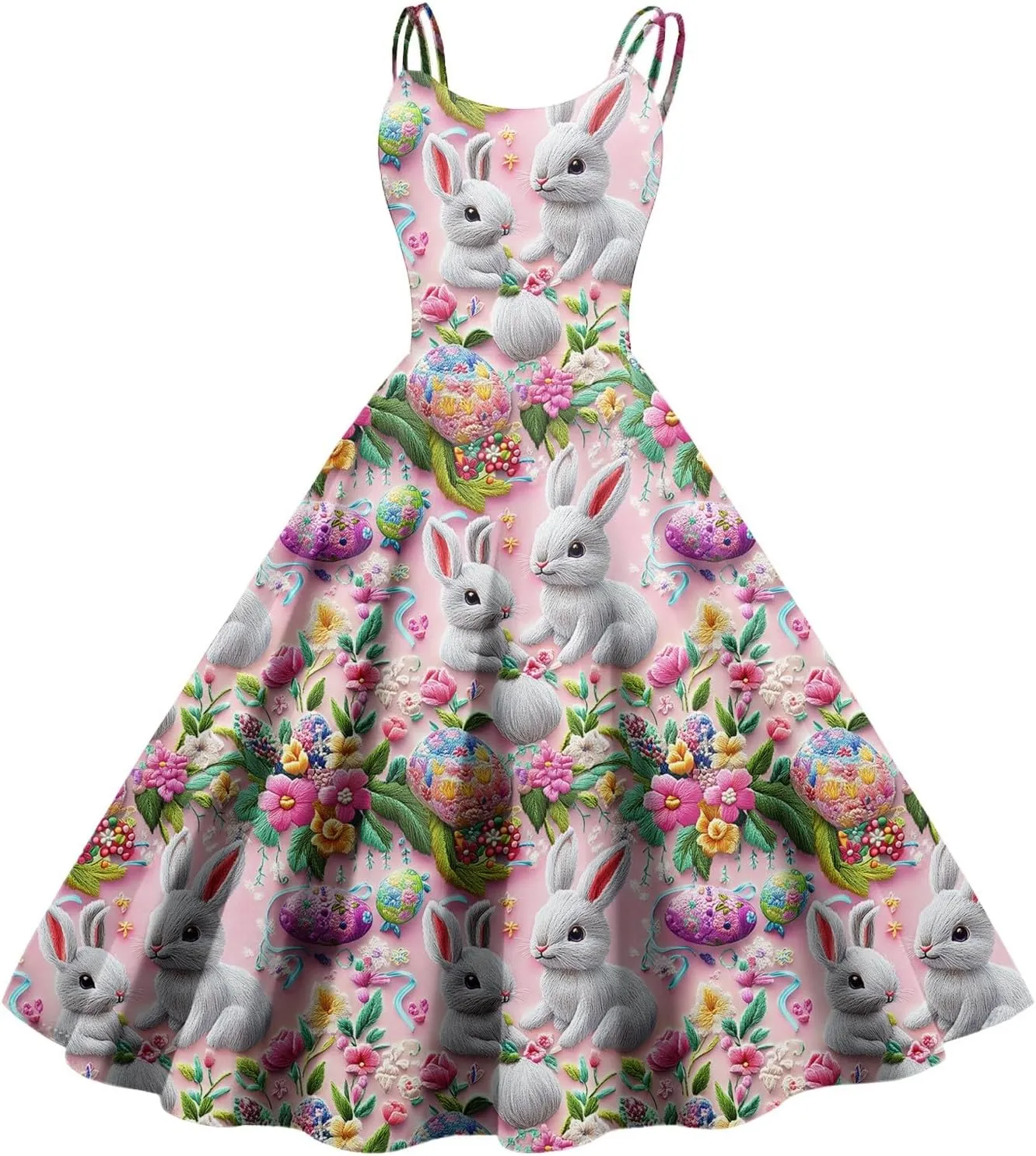 Easter Dresses for Women Vintage Spaghetti Strap Punk Aline Swing Dress Bunny Printed Knee Length Tea Party Dress