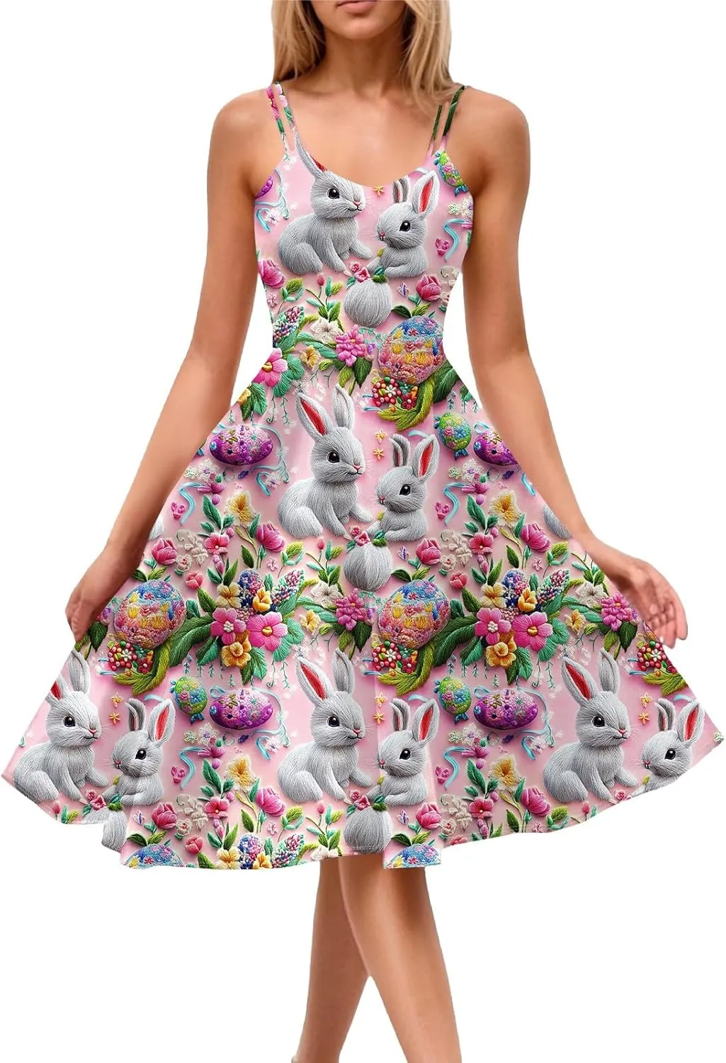 Easter Dresses for Women Vintage Spaghetti Strap Punk Aline Swing Dress Bunny Printed Knee Length Tea Party Dress