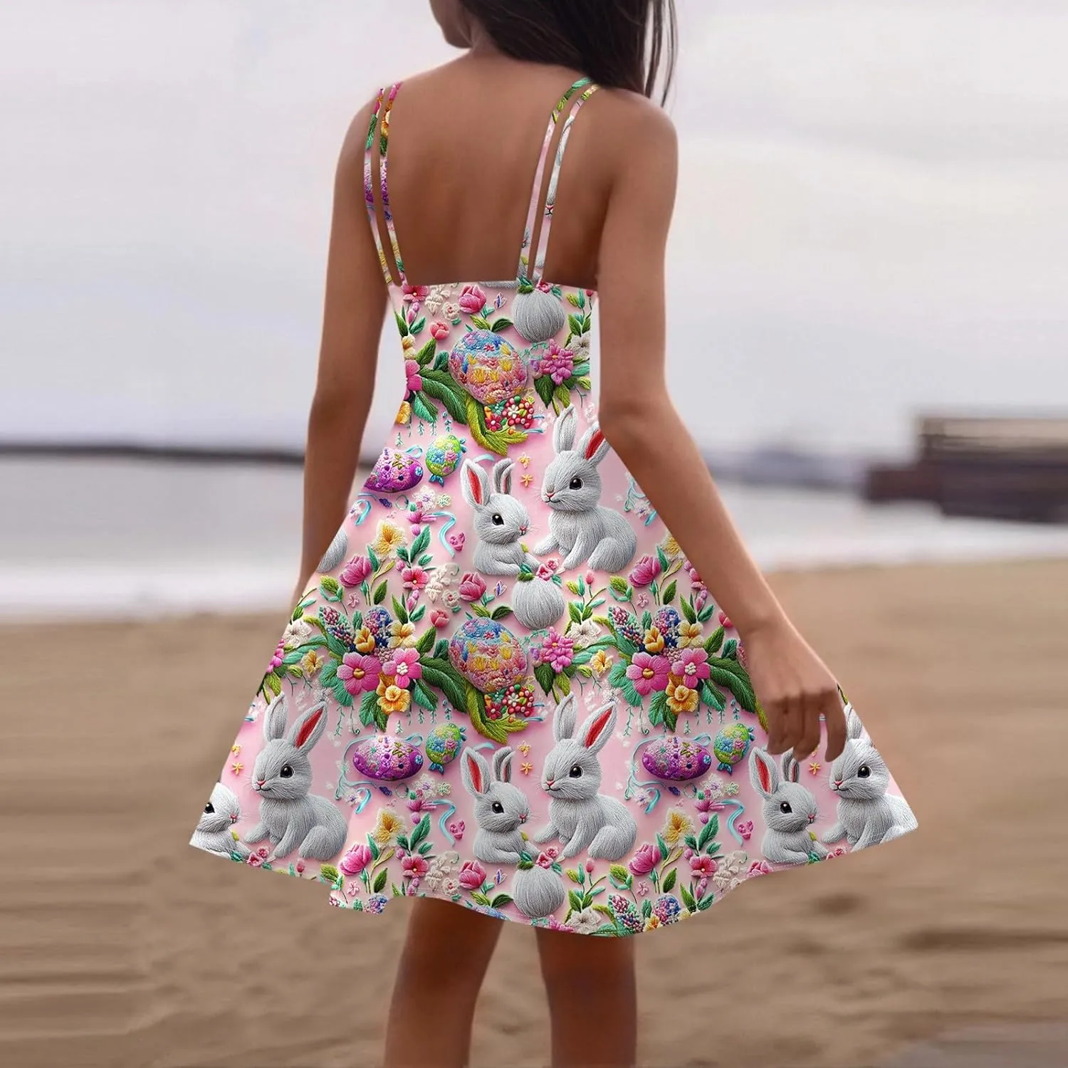 Easter Dresses for Women Vintage Spaghetti Strap Punk Aline Swing Dress Bunny Printed Knee Length Tea Party Dress