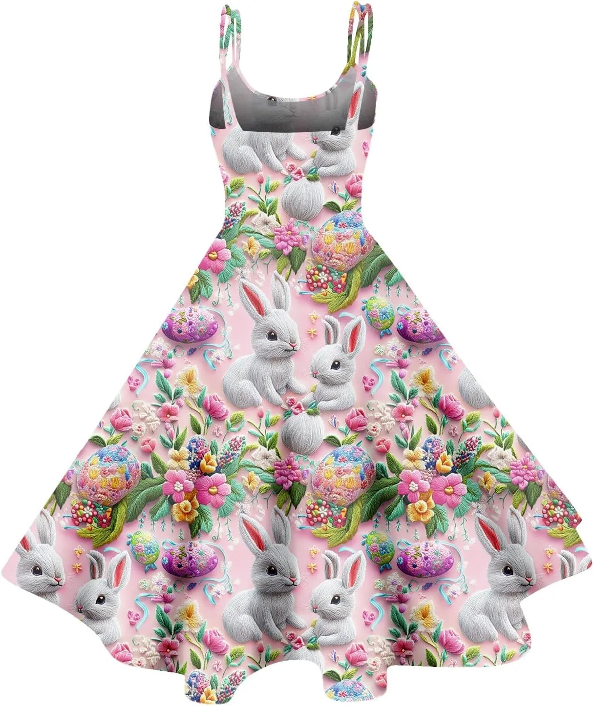 Easter Dresses for Women Vintage Spaghetti Strap Punk Aline Swing Dress Bunny Printed Knee Length Tea Party Dress