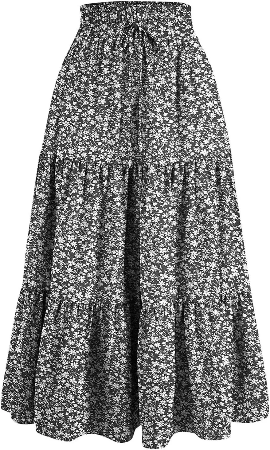 Elastic High Waist Flowy Long Skirts Women Boho Floral Tiered Pleated Summer Casual Beach Maxi Skirt