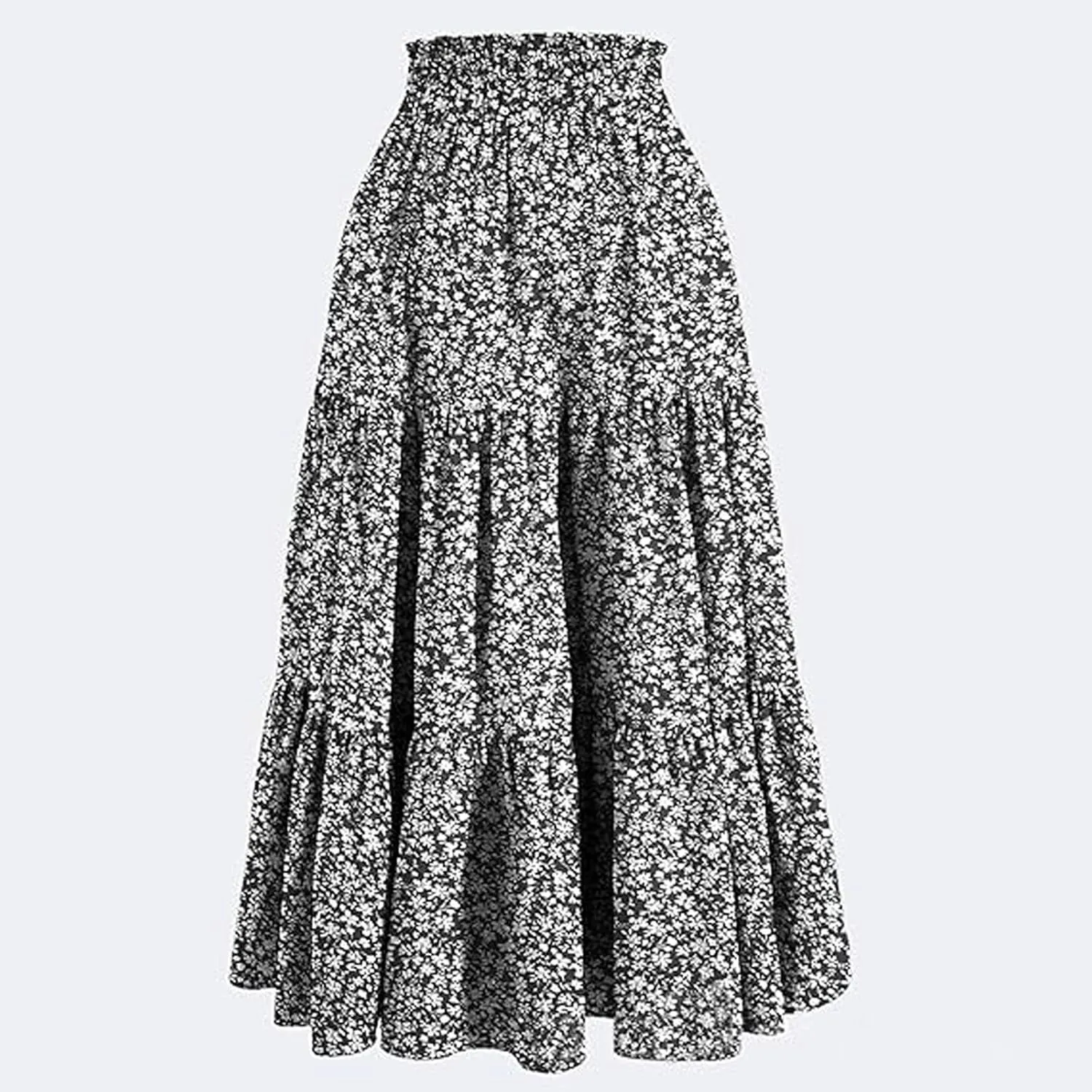 Elastic High Waist Flowy Long Skirts Women Boho Floral Tiered Pleated Summer Casual Beach Maxi Skirt