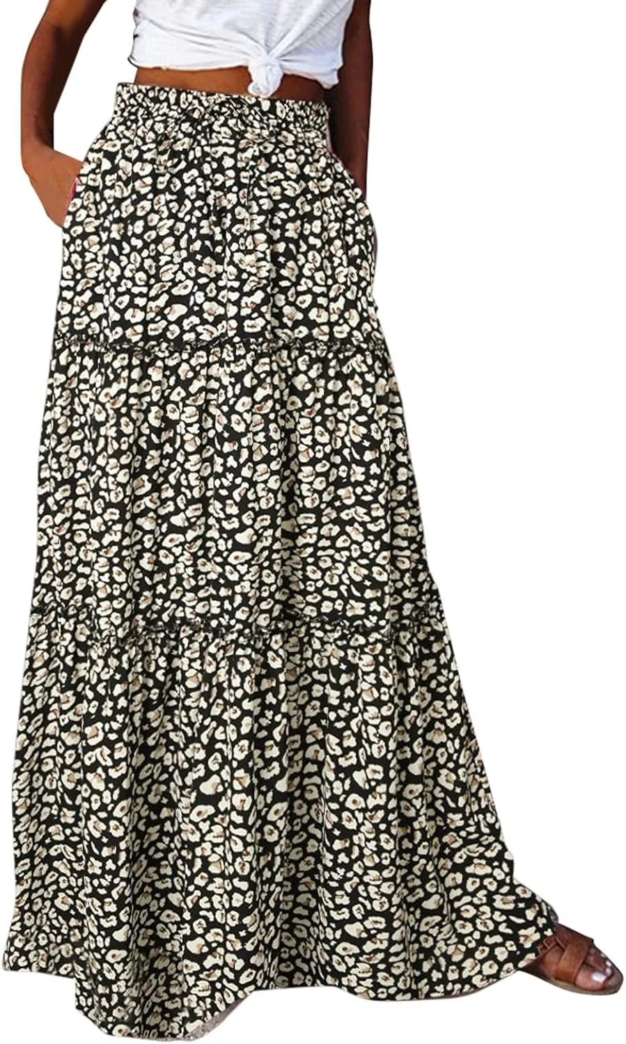 Elastic High Waist Flowy Maxi Skirts Women Boho Floral Tiered Pleated Summer Long Beach Casual Skirt