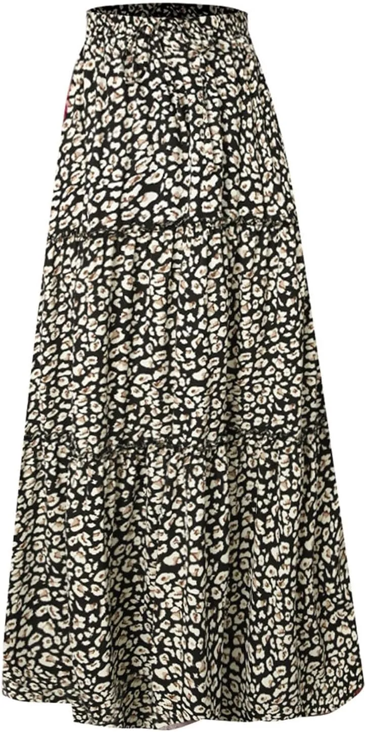 Elastic High Waist Flowy Maxi Skirts Women Boho Floral Tiered Pleated Summer Long Beach Casual Skirt