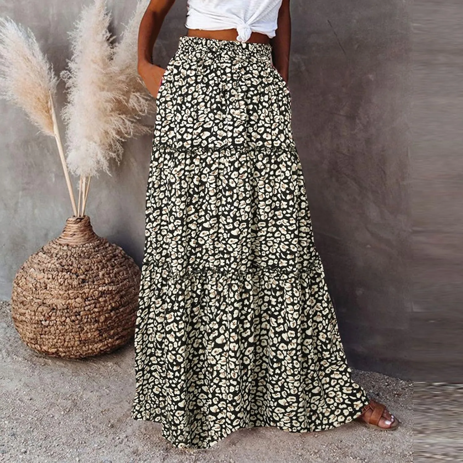 Elastic High Waist Flowy Maxi Skirts Women Boho Floral Tiered Pleated Summer Long Beach Casual Skirt