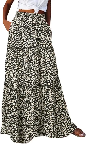 Elastic High Waist Flowy Maxi Skirts Women Boho Floral Tiered Pleated Summer Long Beach Casual Skirt