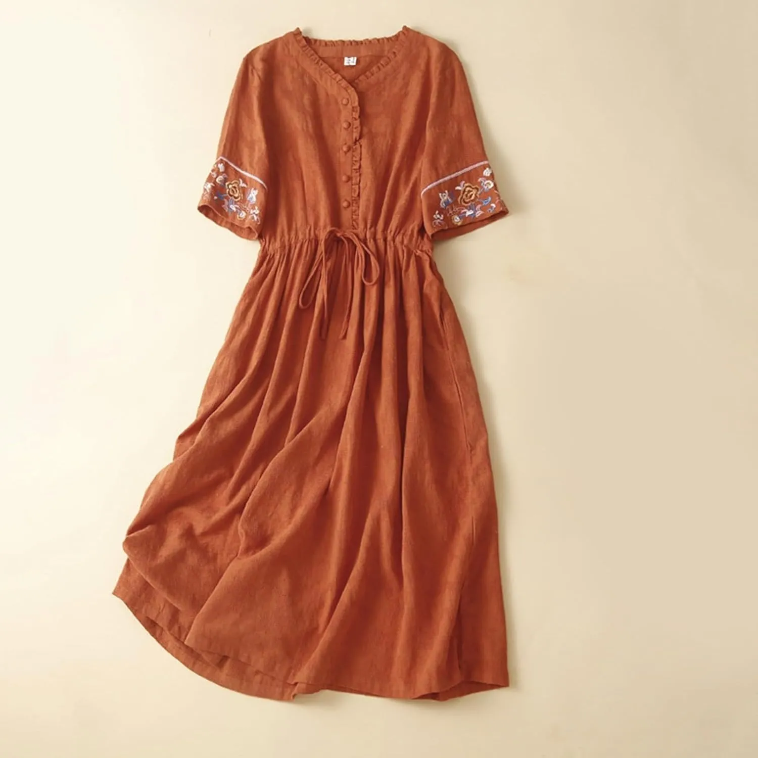 Embroidered Linen Maxi Dress Women Casual Summer Boho Petite Cotton Midi Dresses Short Sleeve A Line Beach Dress