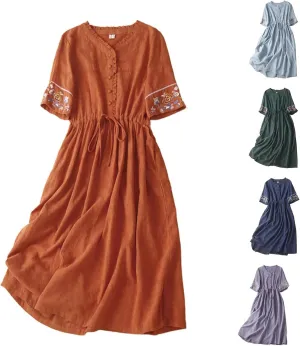 Embroidered Linen Maxi Dress Women Casual Summer Boho Petite Cotton Midi Dresses Short Sleeve A Line Beach Dress