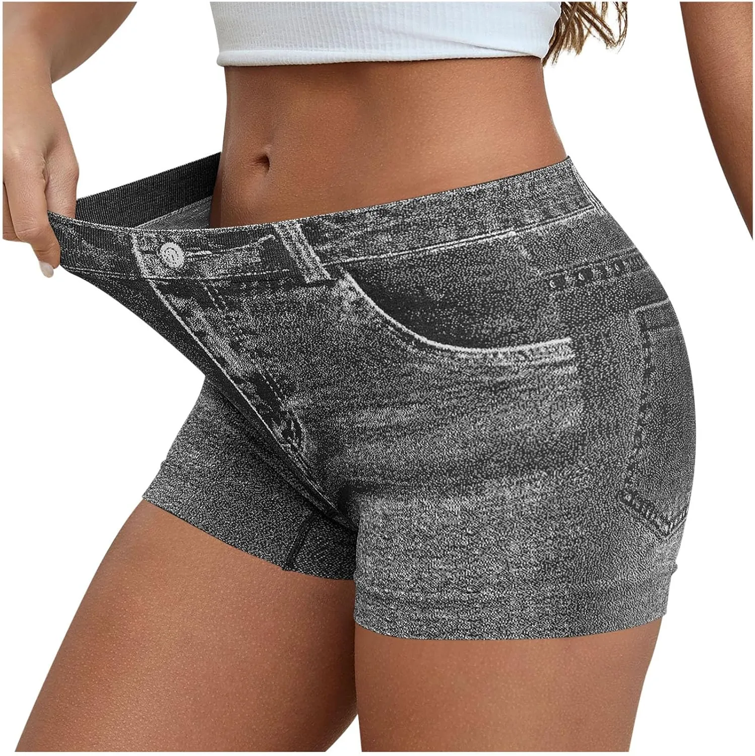 Faux Jeans Shorts for Women Summer Mid Rise Stretchy Denim Shorts Butt Lifting Slimming Ripped Shorts for Curvy Women