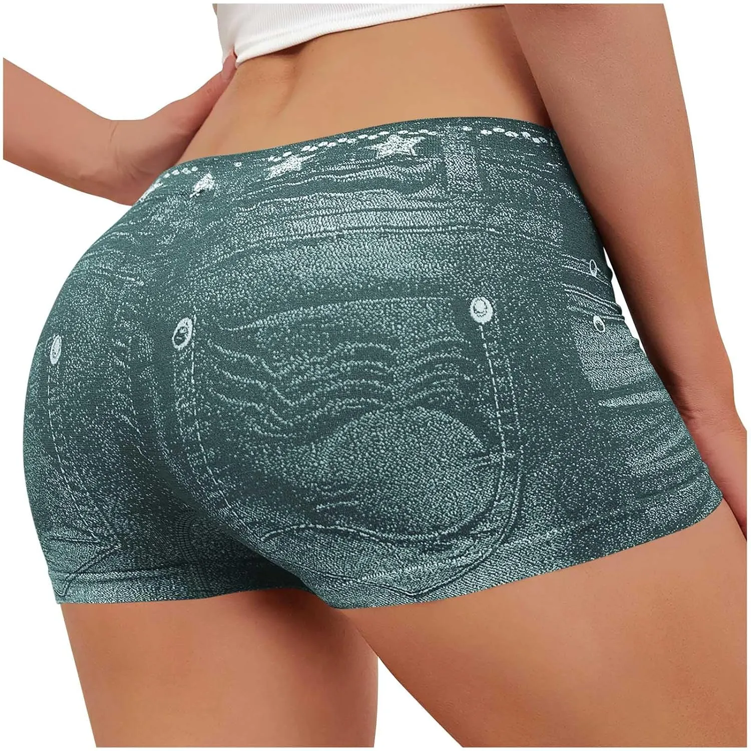 Faux Jeans Shorts for Women Summer Mid Rise Stretchy Denim Shorts Butt Lifting Slimming Ripped Shorts for Curvy Women