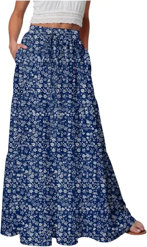 Floral Maxi Skirt for Women Summer 2025 Trendy Boho Elastic High Waisted A-Line Flowy Long Tiered Maxi Skirts