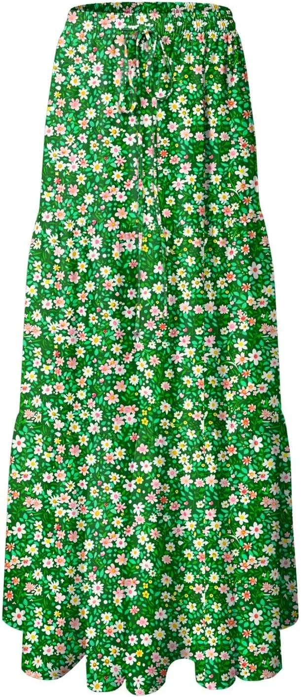 Floral Maxi Skirt for Women Summer 2025 Trendy Boho Elastic High Waisted A-Line Flowy Long Tiered Maxi Skirts