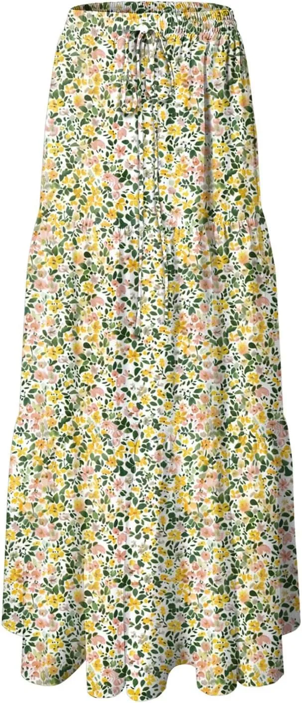 Floral Maxi Skirt for Women Summer 2025 Trendy Boho Elastic High Waisted A-Line Flowy Long Tiered Maxi Skirts