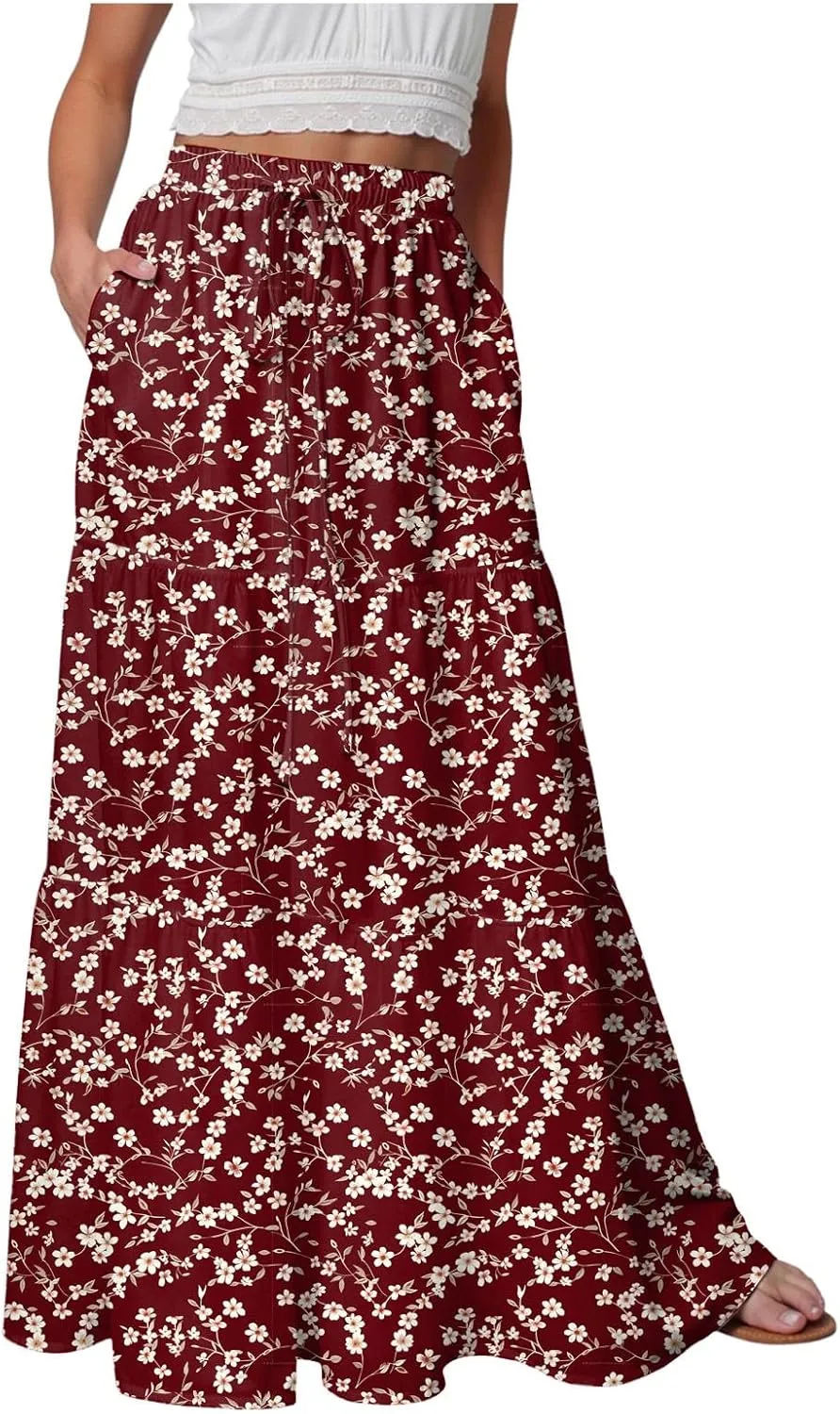 Floral Maxi Skirt for Women Summer 2025 Trendy Boho Elastic High Waisted A-Line Flowy Long Tiered Maxi Skirts