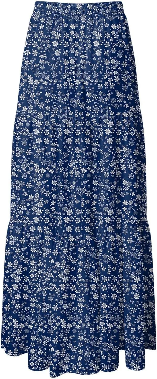 Floral Maxi Skirt for Women Summer 2025 Trendy Boho Elastic High Waisted A-Line Flowy Long Tiered Maxi Skirts