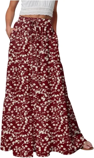 Floral Maxi Skirt for Women Summer 2025 Trendy Boho Elastic High Waisted A-Line Flowy Long Tiered Maxi Skirts
