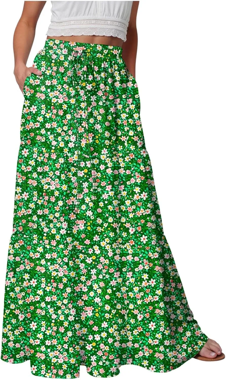 Floral Maxi Skirt for Women Summer 2025 Trendy Boho Elastic High Waisted A-Line Flowy Long Tiered Maxi Skirts
