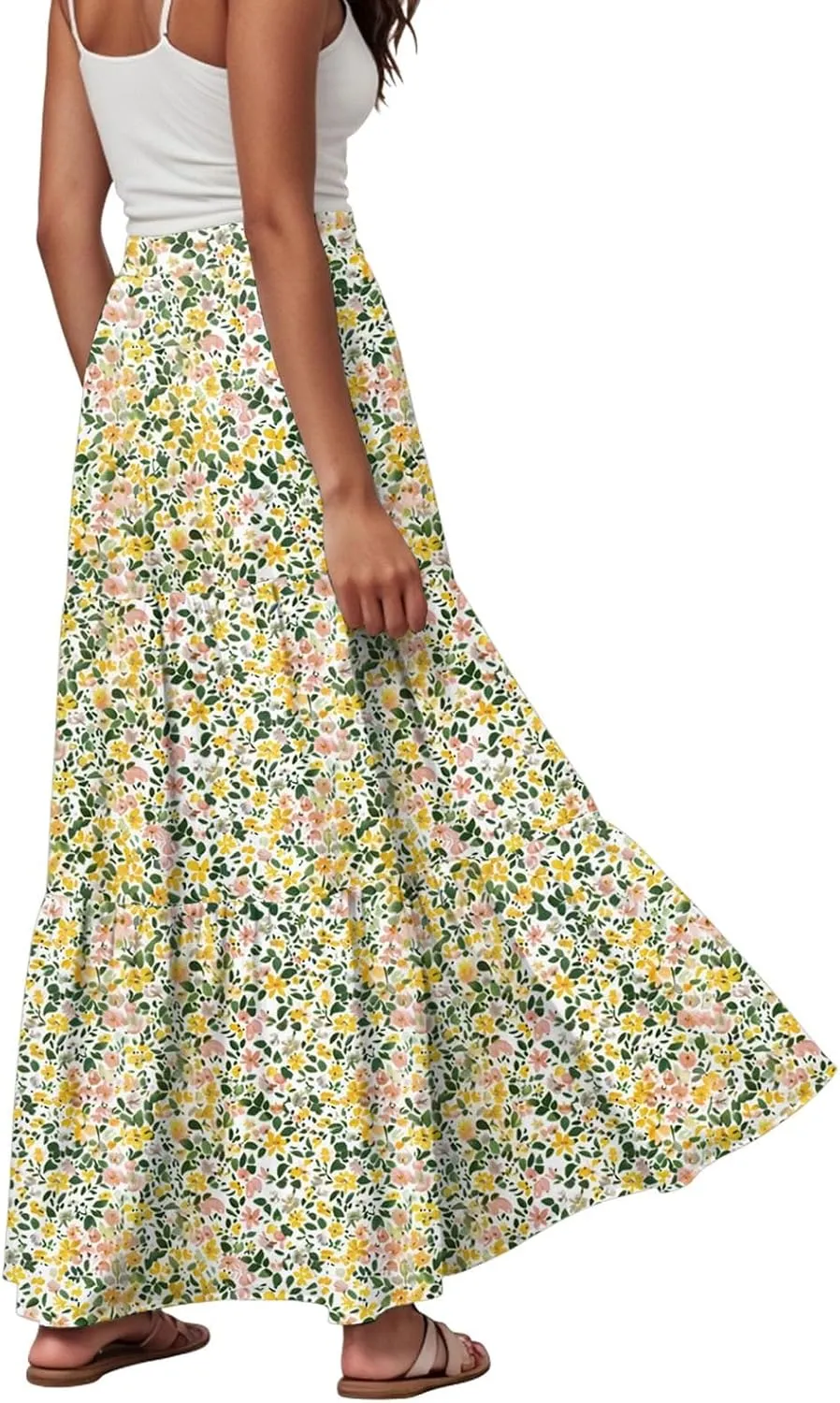 Floral Maxi Skirt for Women Summer 2025 Trendy Boho Elastic High Waisted A-Line Flowy Long Tiered Maxi Skirts