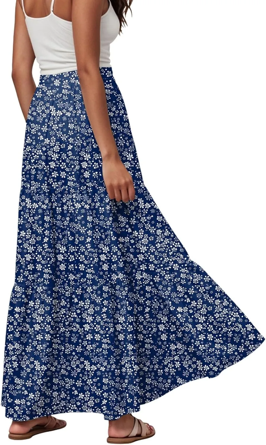 Floral Maxi Skirt for Women Summer 2025 Trendy Boho Elastic High Waisted A-Line Flowy Long Tiered Maxi Skirts