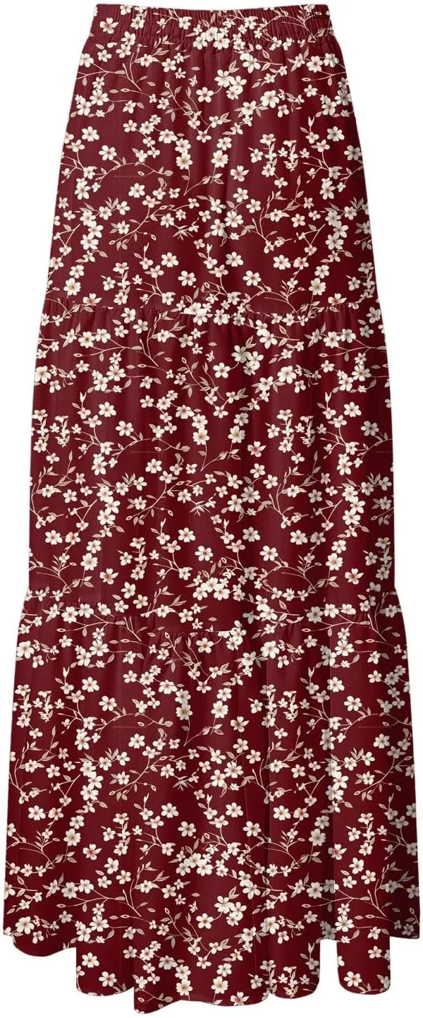 Floral Maxi Skirt for Women Summer 2025 Trendy Boho Elastic High Waisted A-Line Flowy Long Tiered Maxi Skirts