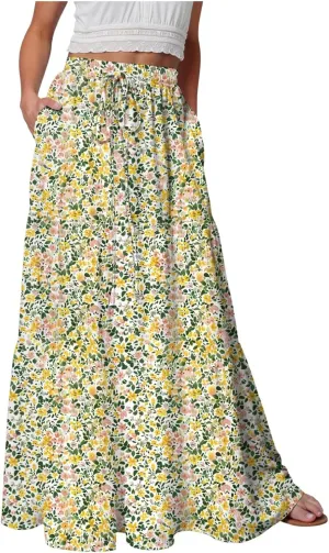 Floral Maxi Skirt for Women Summer 2025 Trendy Boho Elastic High Waisted A-Line Flowy Long Tiered Maxi Skirts