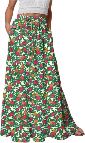 Floral Maxi Skirt for Women Summer 2025 Trendy Boho Elastic High Waisted A-Line Flowy Long Tiered Maxi Skirts