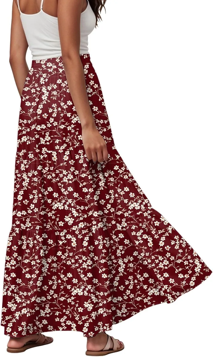 Floral Maxi Skirt for Women Summer 2025 Trendy Boho Elastic High Waisted A-Line Flowy Long Tiered Maxi Skirts