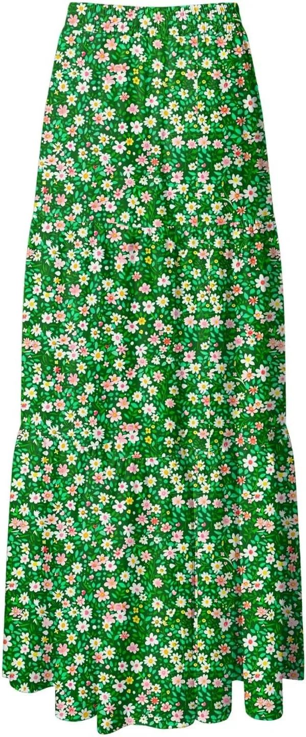 Floral Maxi Skirt for Women Summer 2025 Trendy Boho Elastic High Waisted A-Line Flowy Long Tiered Maxi Skirts