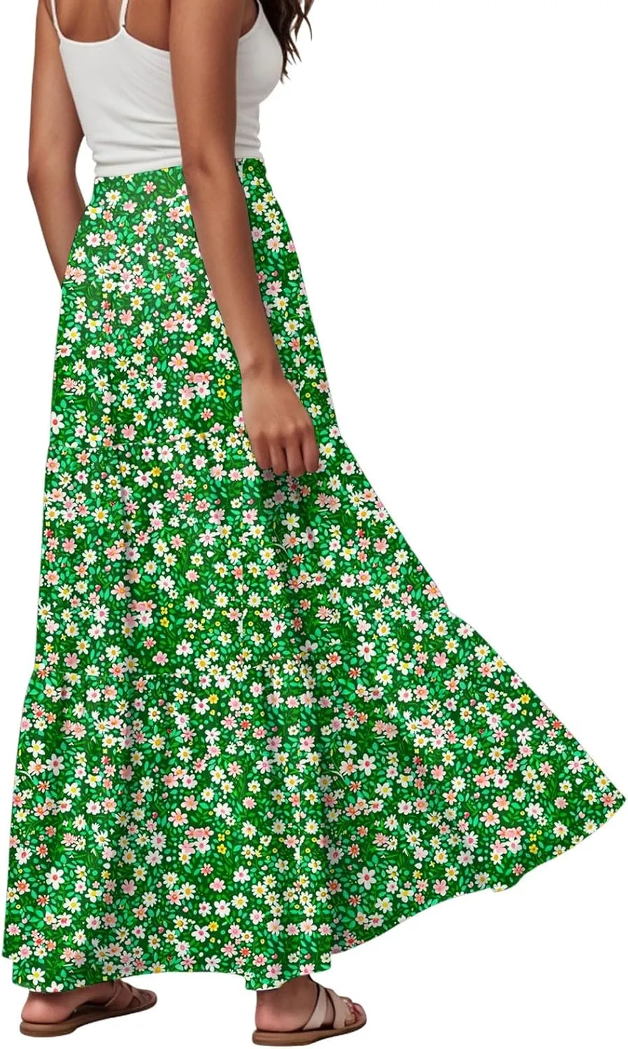 Floral Maxi Skirt for Women Summer 2025 Trendy Boho Elastic High Waisted A-Line Flowy Long Tiered Maxi Skirts